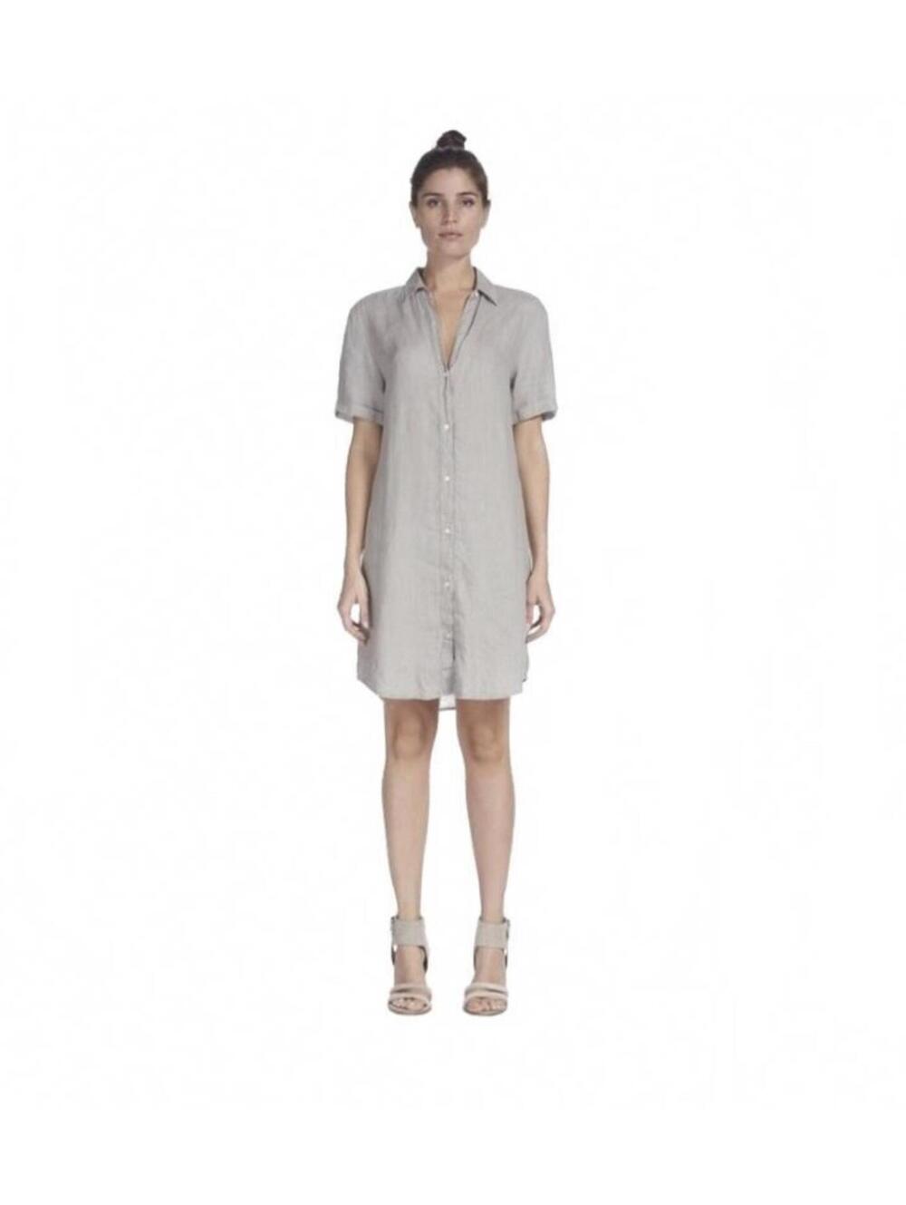 Elan 100% Linen Shirt Dress Taupe Gray Button Front Size Small
